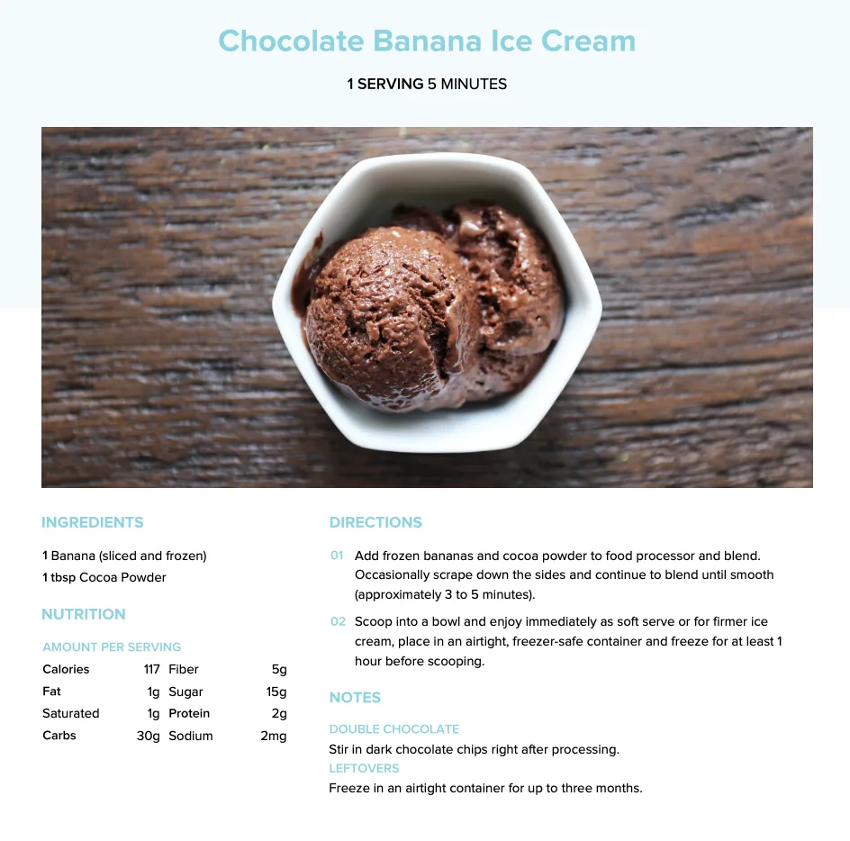 chocolate banana ice cream recipe with an image of the ice cream on a wooden table. 